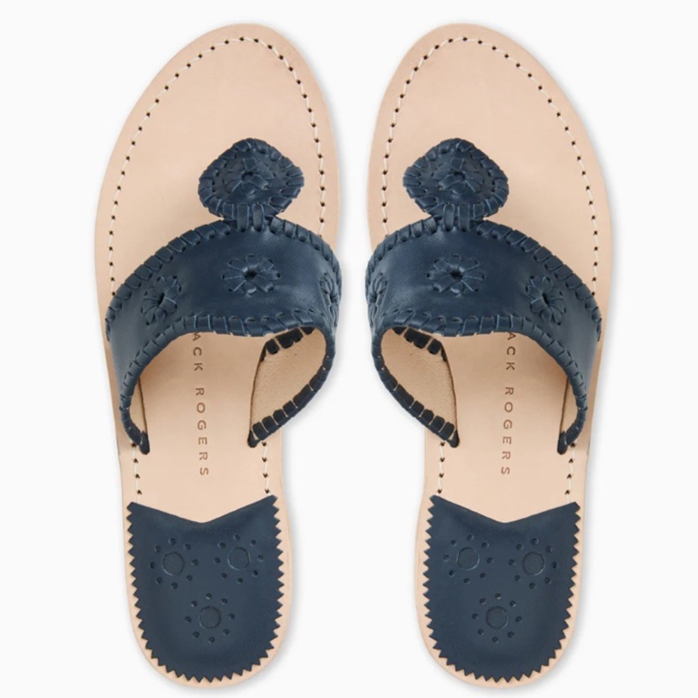 Jack Rodgers Black Leather Whipstitch Slip on Thong Sandals